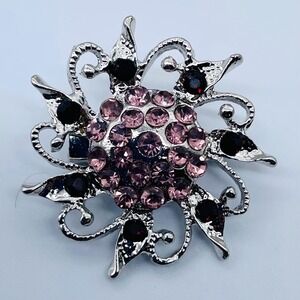 Purple Austrian Rhinestone Floral 1.5 inch Brooch Silver Toned Metal